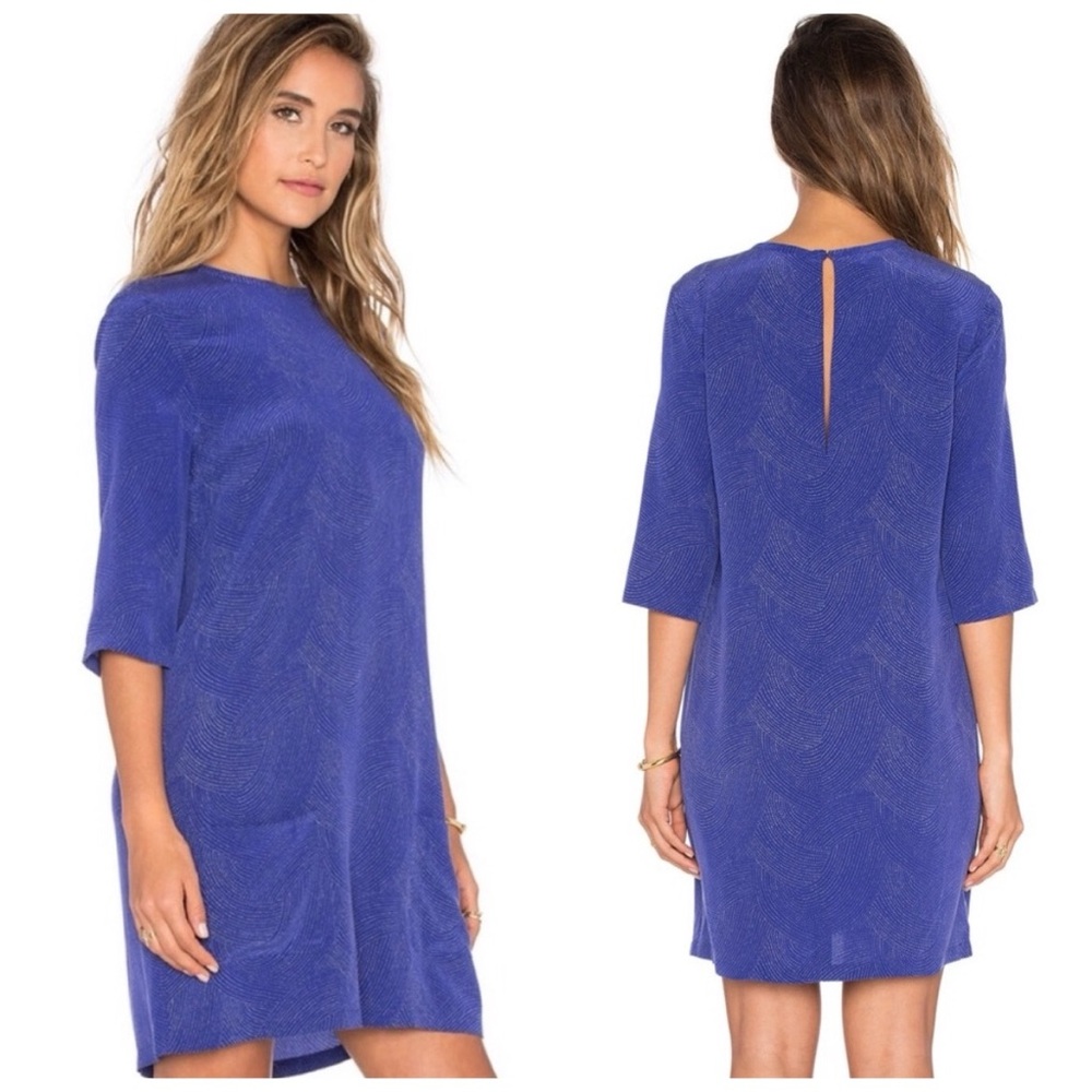 Equipment Aubrey Silk Elbow Sleeve Crewneck Mini Shift Dress Pockets Biro Blue